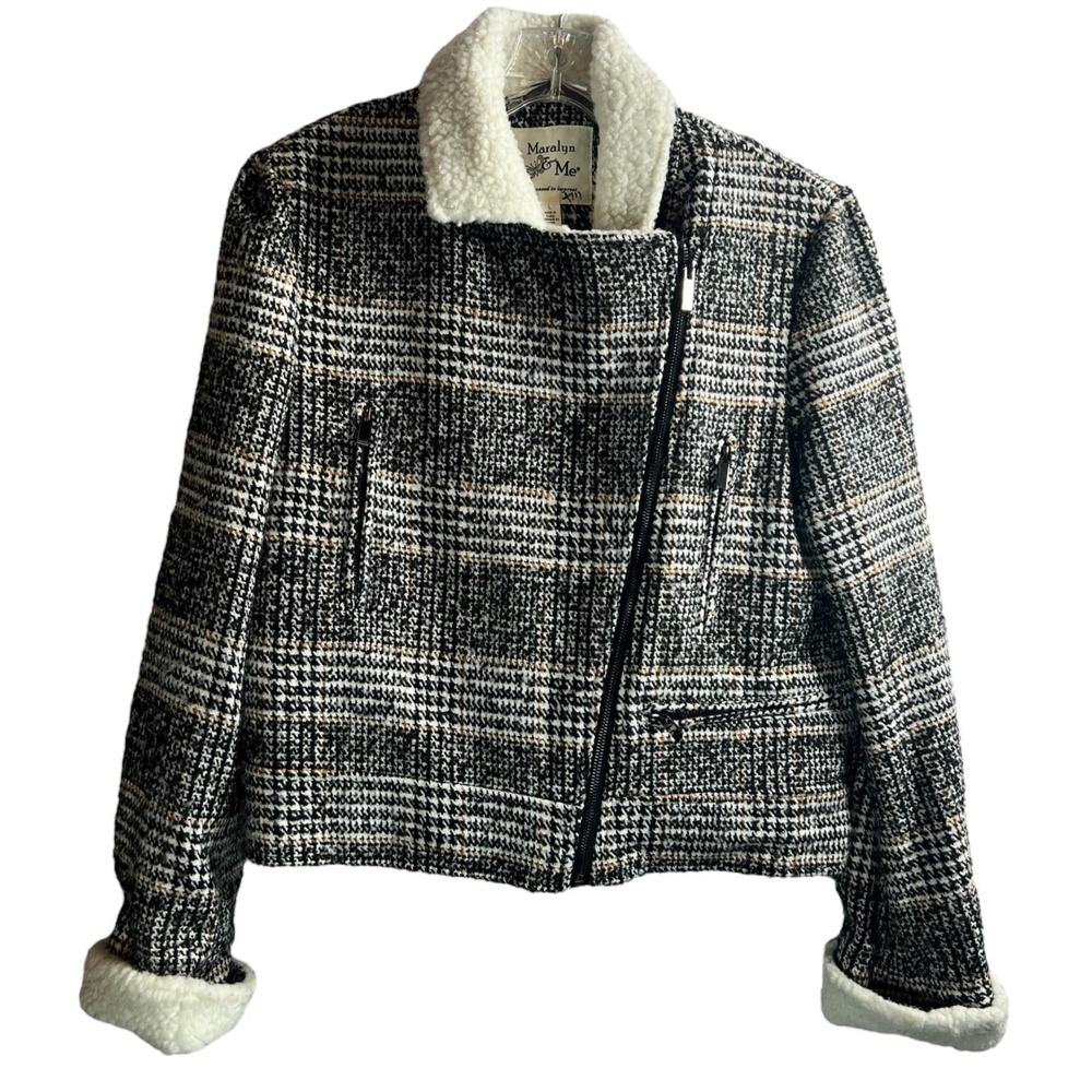 Maralyn & Me Juniors Sherpa Moto Jacket LARGE‎ Asymmetrical Plaid Lined Pockets